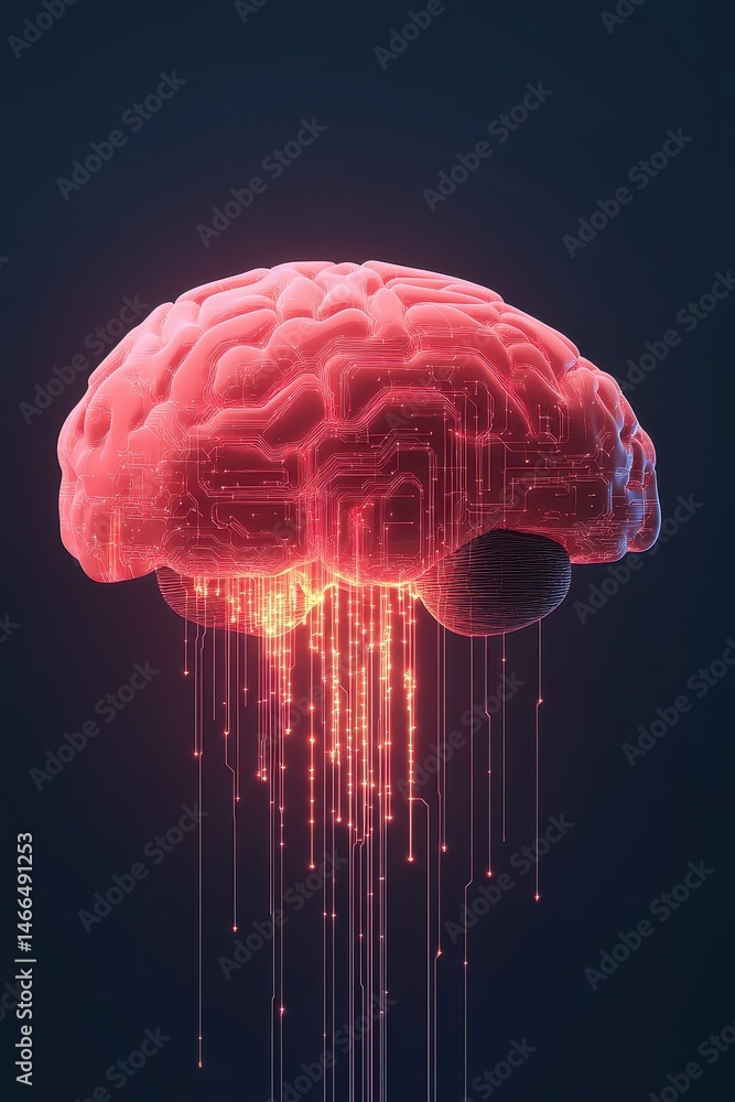 Poster glowing brain with artificial neural networks connected via digital lines against a dark background