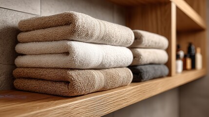 Organized Bathroom Storage with Soft Beige and White Towels on Wooden Shelves – Minimalist Clean Design