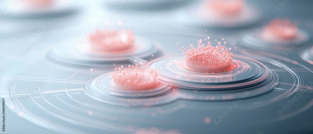 Poster interconnected networks illustration showing light particles above circular surfaces. neural network