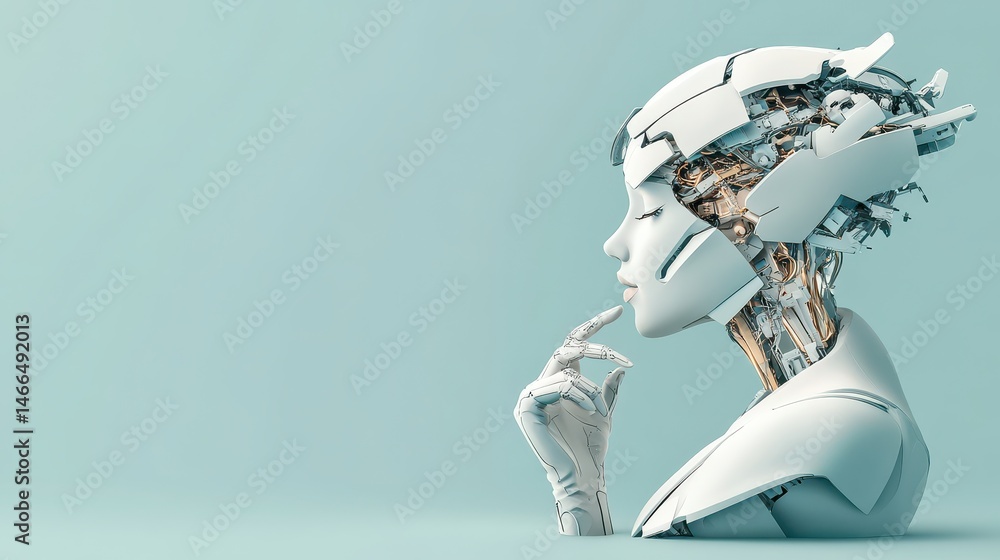 Poster artificial intelligence robot profile thinking with finger near lips on light blue background. brain