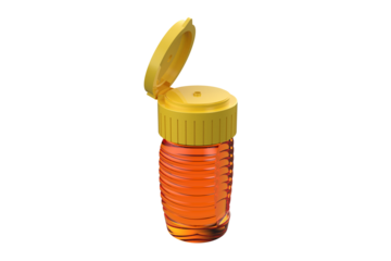 Clear Honey Bottle with Yellow Flip-Top Cap in Open Position, Transparent Bottle of Honey with its Yellow Flip Cap Lifted, Yellow Flip-Top Ready for Pouring, on a PNG Transparent Background