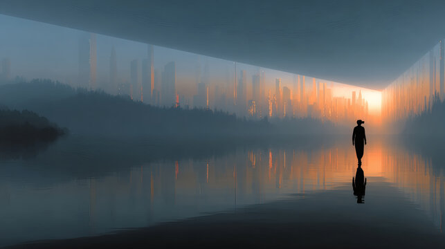 Virtual cityscape adventure metaverse avatar walking through futuristic urban landscape at dusk