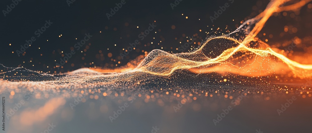 Poster glowing orange light waves flowing over dark background. connected dots forming network structures. 