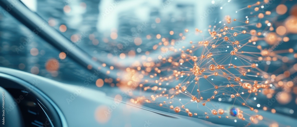 Poster golden nodes connect with lines forming complex network on blue surface. neural networks connecting 