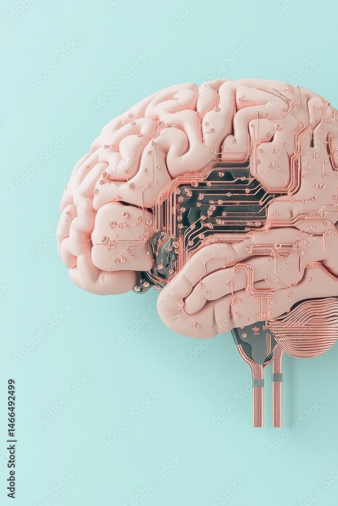 Poster artificial brain with electronic circuits. pink brain on light blue background. neural nets concept.