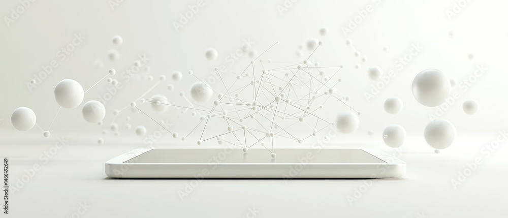 Poster white device displaying connected spheres. artificial neural networks concept. clean background. dot
