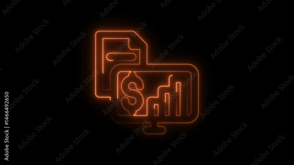 Poster neon style finance data analysis and reporting on computer screen concept animation