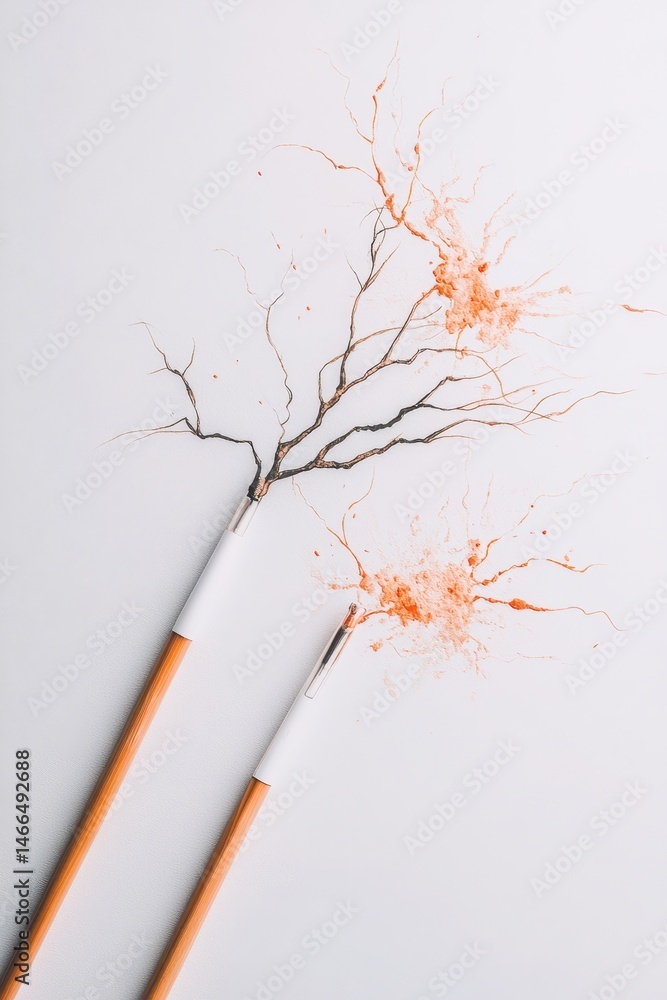 Poster artificial branches forming complex network shape. orange powder explodes on light background. neura