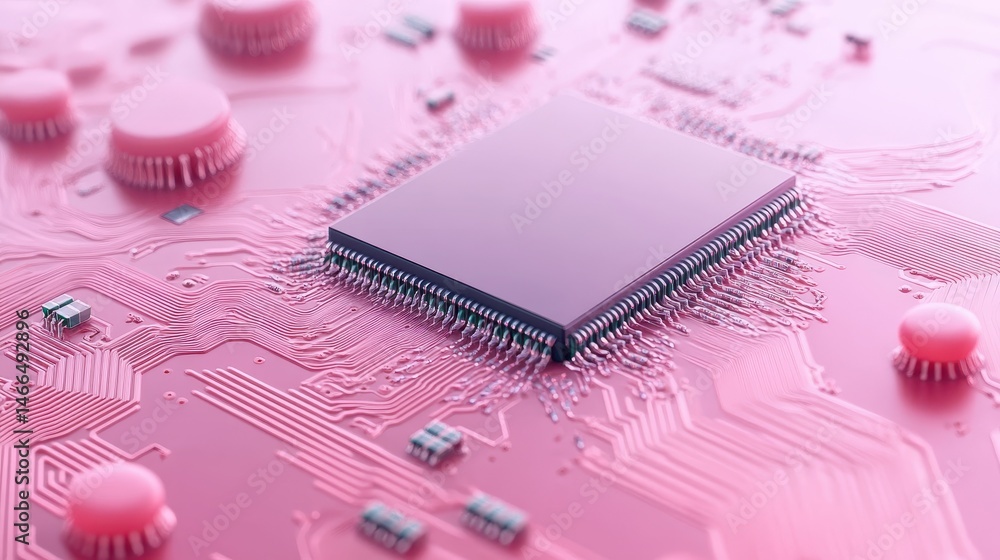 Poster pink circuit board shows a central processor unit surrounded by smaller components. close up view di
