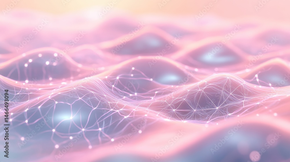 Poster glowing network spreads across curves. pink and blue hues create a futuristic landscape. neural netw