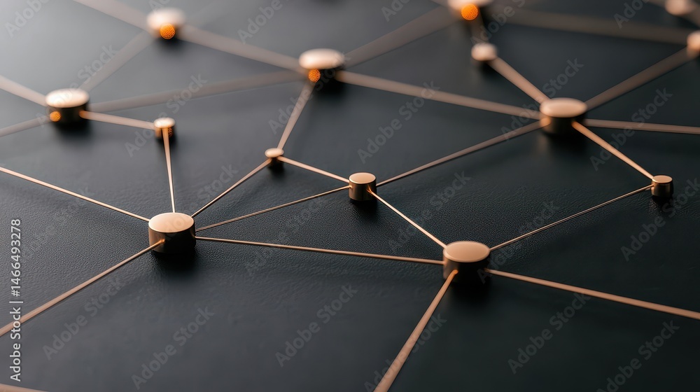 Poster connected gold nodes with lines on black surface. depicts a complex system symbolizing neural networ