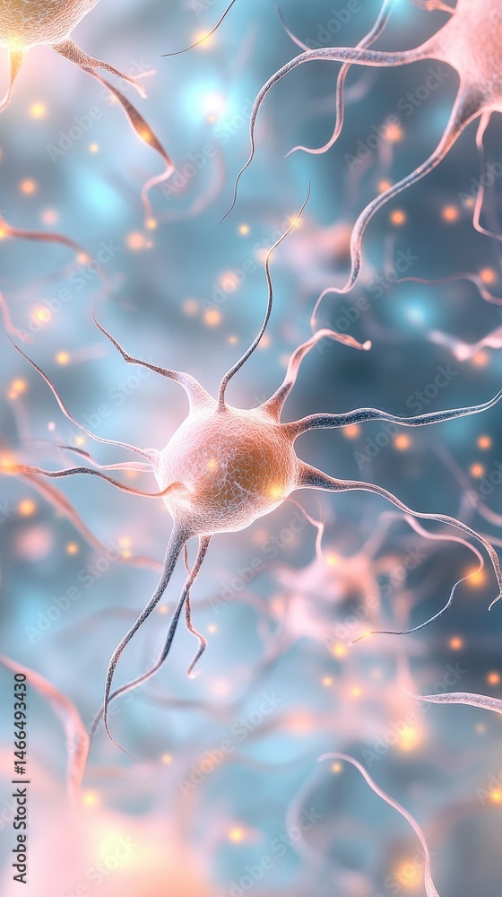 Poster artificial neural network. abstract depiction of interconnected nodes. soft light glows on a blue ba