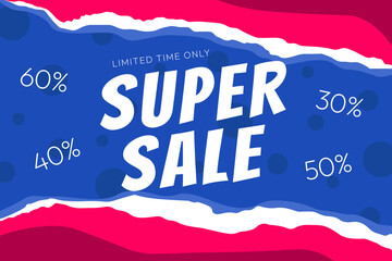 Abstract super sale banner in bright blue and pink colors with discount text. Promotion vector illustration.