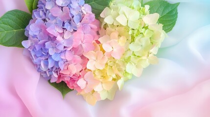 Obraz premium Flat lay of pastel hydrangea blossoms forming a heart shape on soft fabric background
