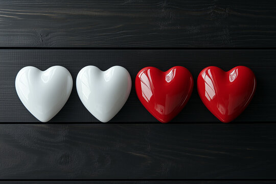 Two white hearts two red hearts on dark wood a simple Valentine s Day image with glossy hearts and dark background - Powered by Adobe
