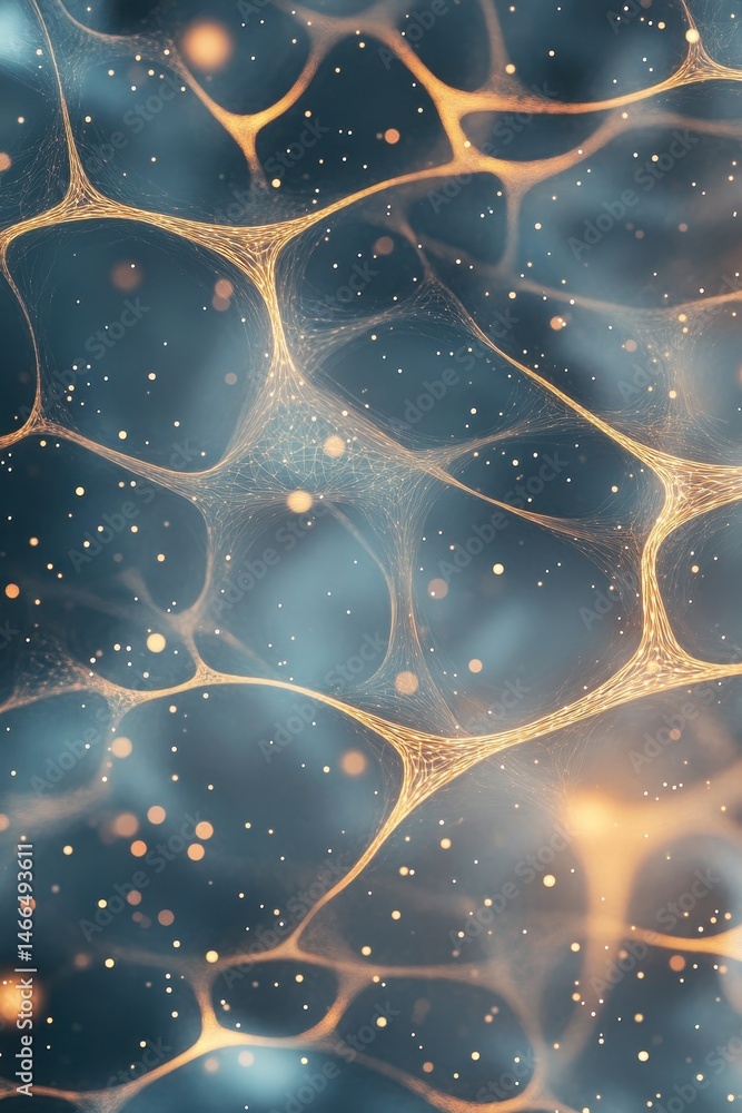 Poster connected lines form networks on a blue gradient field with floating particles. light glows within n