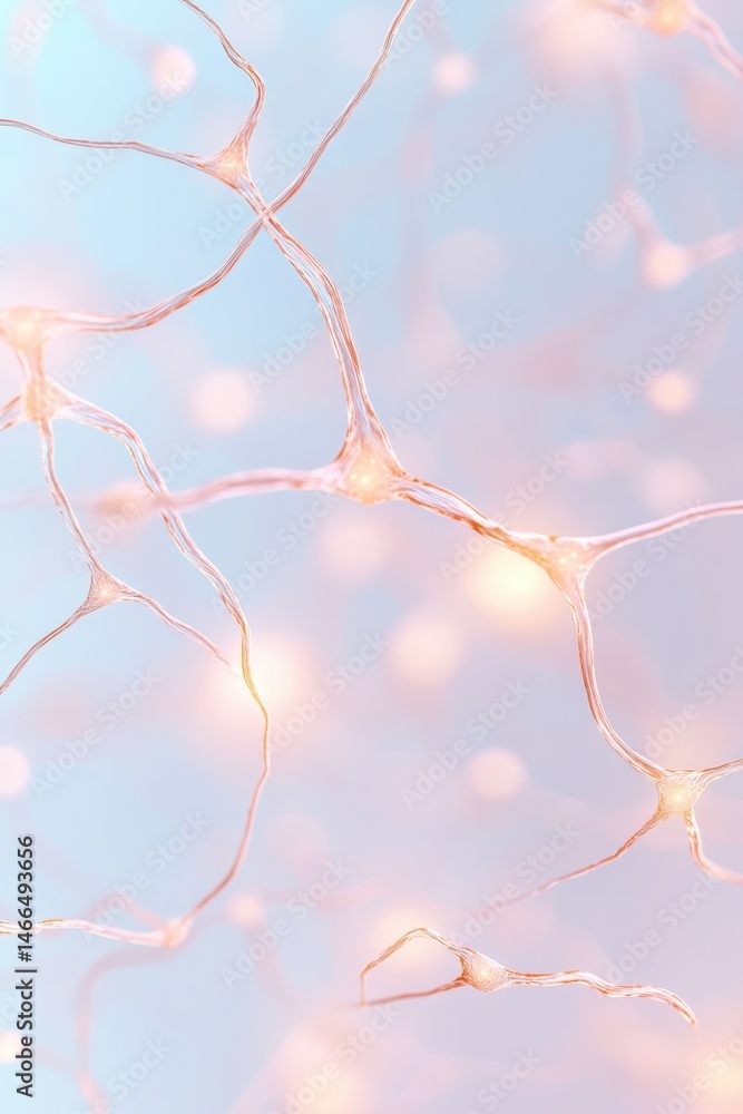 Poster interconnected network nodes transmit data signals on soft light blue backdrop. digital neural syste