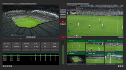 Master Control Software Template for Sports Channel Broadcast Featuring Live Soccer Tournament. User Interface Mock Up with Different Cameras and Angles for Technical Director - Powered by Adobe