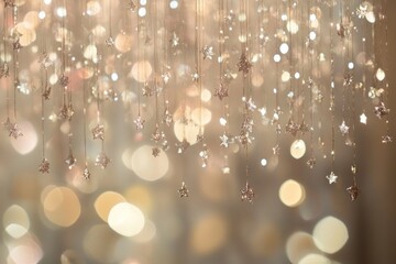 Shimmering abstract particle curtain, beads and stars floating in light, magical tone