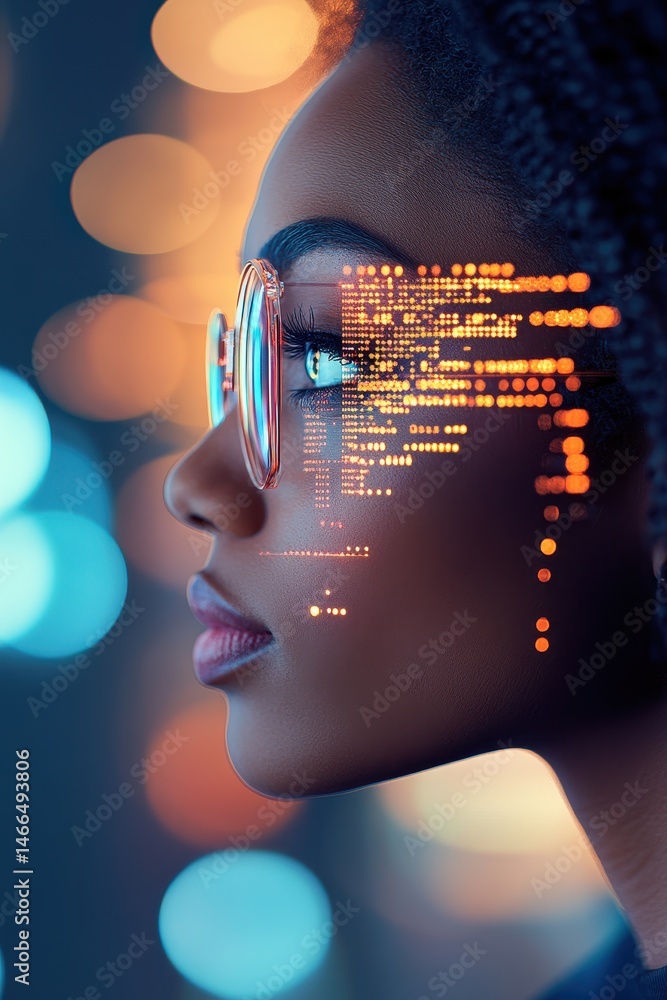 Poster person wearing glasses with neural network code overlay. profile view of face illuminated by digital