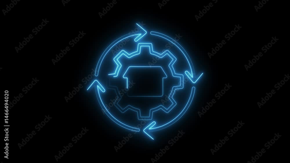 Poster neon style animation of gear rotating with arrow direction cycle for technology
