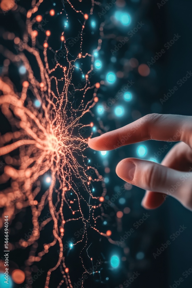 Poster finger touching network of lights. neural connection points. glowing patterns. network connection. d