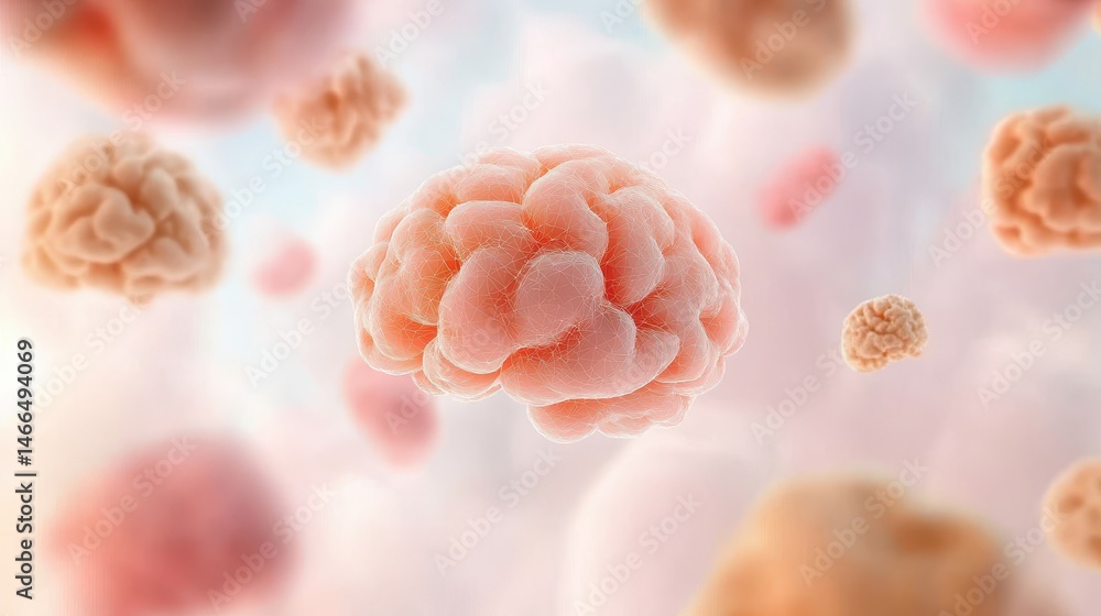 Poster artificial brains floating on a soft background, representing complex data networks, pink textured o