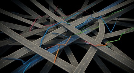 Road Intersections with Colored Lines on Black