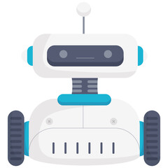 Robotics Element. Vector illustration of A cute white robot with wheels and a rectangular faceplate, designed in a flat style. Isolated on background