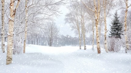 Obraz premium Silent white birch forest under heavy snowfall, crisp white snow blanketing the forest floor