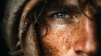 Cinematic portrait of soldier with dusty face captured in desert landscape intense close-up shot
