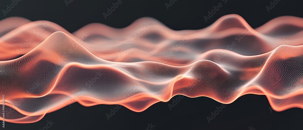 Poster Abstract waves flow with soft light on dark background. Artificial neural networks create fluid structure in digital space.