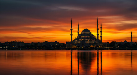 Fototapeta premium Silhouette mosque sunset reflection