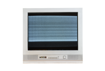 Old vintage silver TV set from 1980s, 1990s, 2000s with noise and interference on the screen isolated on white background.