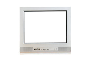 Old silver TV isolated on white background. Retro technology concept. Blank screen for text.Vintage...