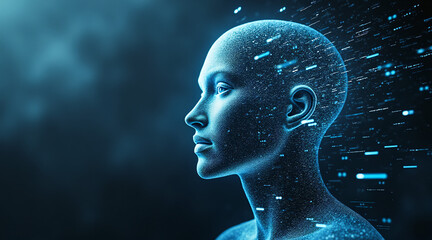 Obraz premium Futuristic Portrait of a Digital Human with Data Streams and Glowing Particles