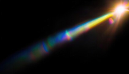 ethereal rainbow light beam with lens flare on black background for abstract web design, poster, print media, or modern branding element

