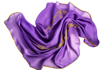 Floating purple silk scarf with gold edging detail, cut out transparent