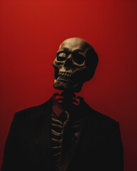 Skeleton in a suit against a rich red backdrop, creating a striking image for unique design needs. Generative AI