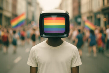 Person with TV head celebrating LGBTQ+ Pride Month in city parade  
