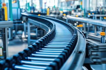 A close up view of a conveyor belt system in a factory with blue and silver metal framework design