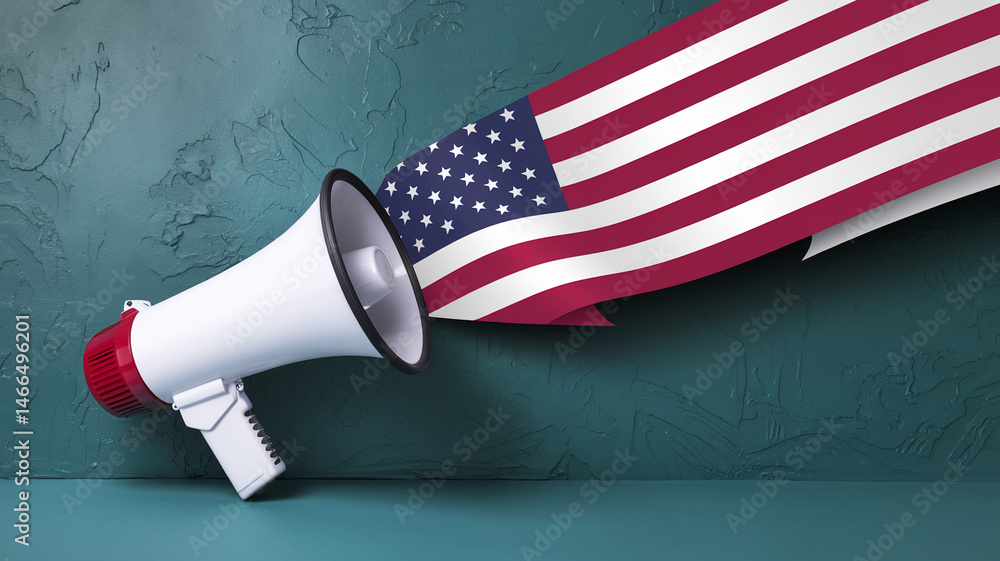 Poster white megaphone with red handle beside a waving american flag against a teal textured background, sh