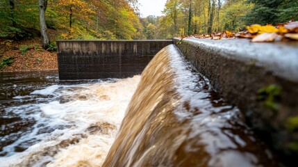 Obraz premium Powerful brown water cascading over dam wall in natural setting