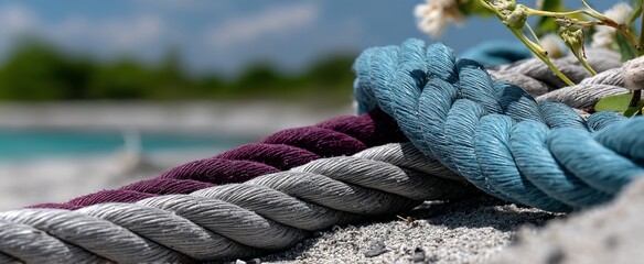 Colorful nautical rope on the shore