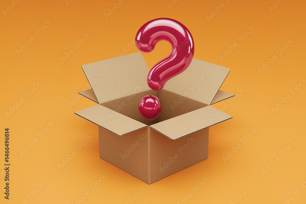 Poster open cardboard box with a pink question mark hovering above it, set against an orange background, sy