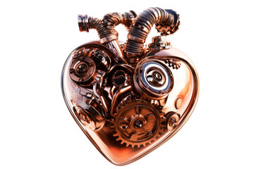 Mechanical heart with pipes, valves, and gears, cut out transparent
