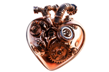 Mechanical heart with pipes, valves, and gears, cut out transparent