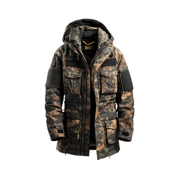 Stylish camouflage jacket designed for outdoor activities, featuring multiple pockets and hood for added protection. Perfect for adventure seekers and nature enthusiasts