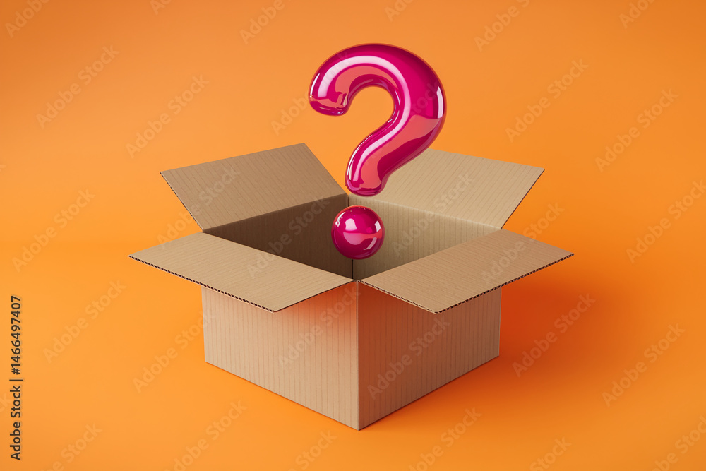 Poster open cardboard box with a pink question mark hovering above, set against an orange background, repre