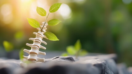 Fototapeta premium Symbolic visual of health with tree leaves growing from vertebrae under soft warm light